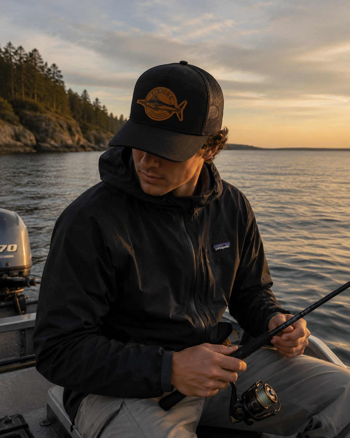 Model wearing a black trucker cap while fishing at sunset